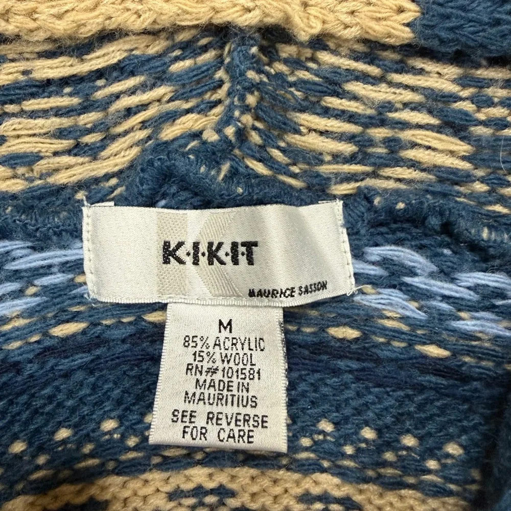 Kikit Maurice Sasson Fair Isle Hooded Cardigan Sweater Blue Snowflake Wool M